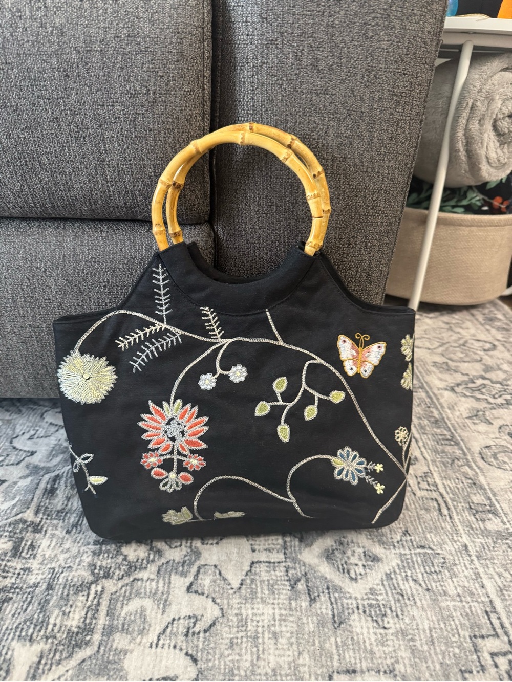 Black Embroidered Tote with Bamboo Handles